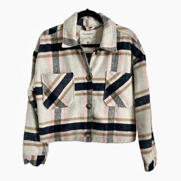 Quarry Plaid Winter Wool Blend Jacket Cropped Pink Tan Black Cream - Picture 1 of 8